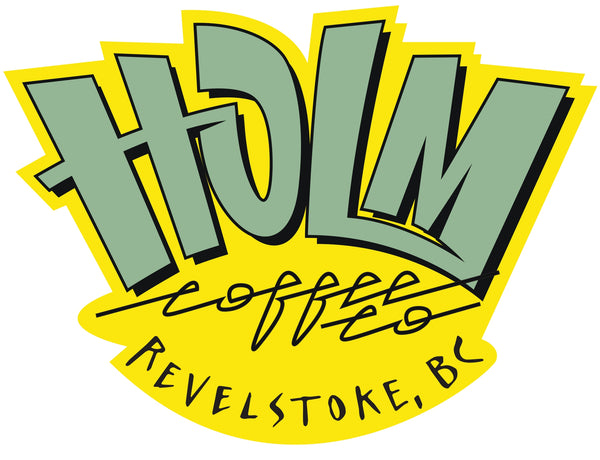 Yellow and green Holm coffee Roastery Logo
